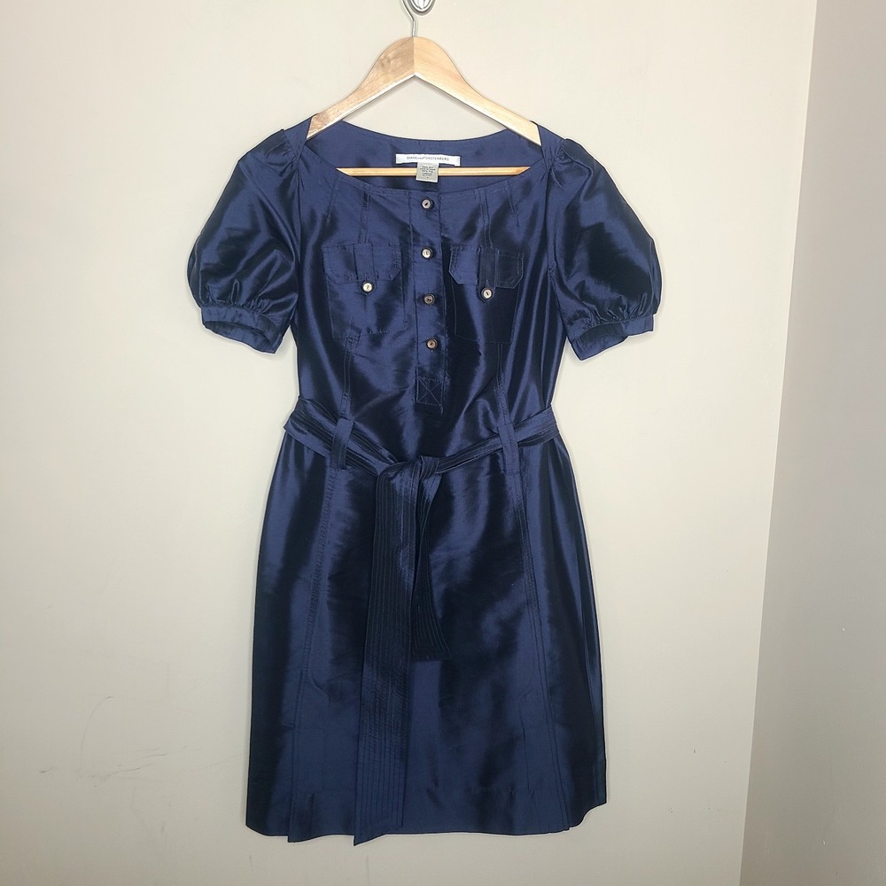 Diane von Furstenberg DVF Blue Silk Shirt Utility Puff Sleeve Belted Dress 4